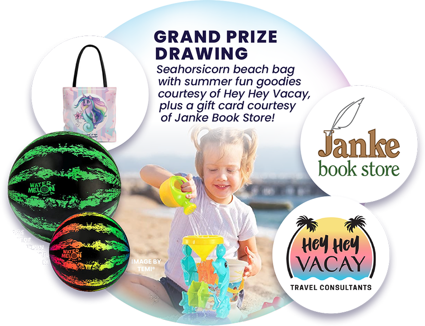 Grand Prize Drawing - Sandy's Summer Splash into Reading - with gifts courtesy of Janke Book Store and Hey Hey Vacay Travel Consultants